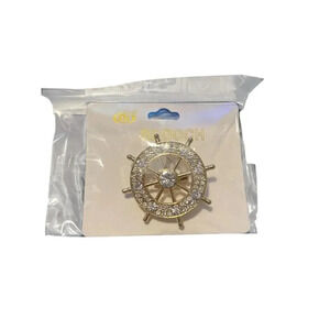 SPARKLE GOLD PLATED SHIP WHEEL BROOCH